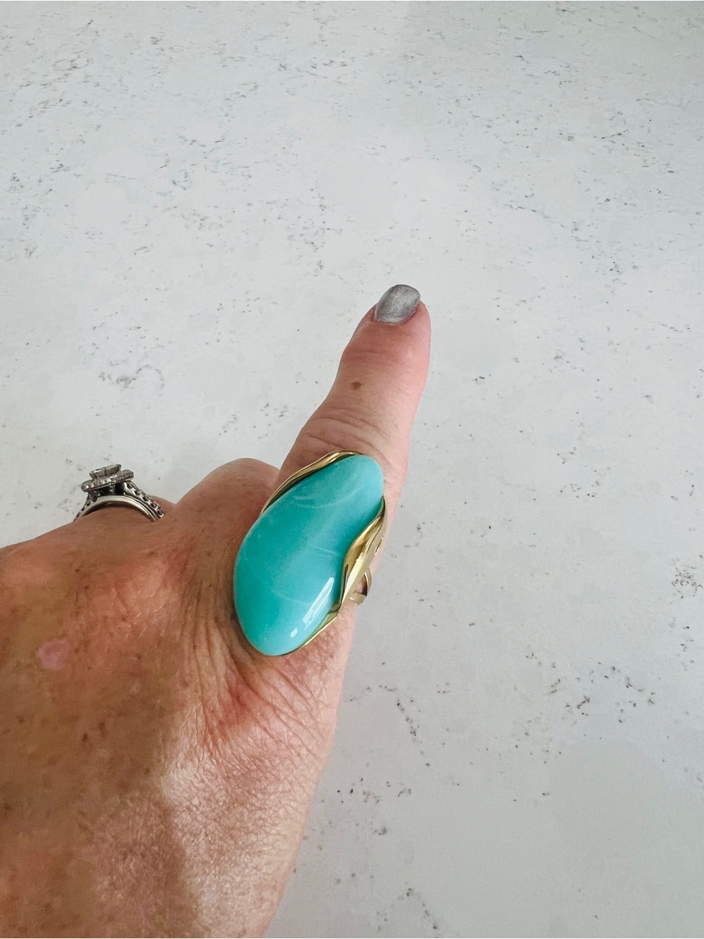 Gold Tone Stainless Oval Blue Cabochon Cocktail Ring Adjustable Gold & Blue